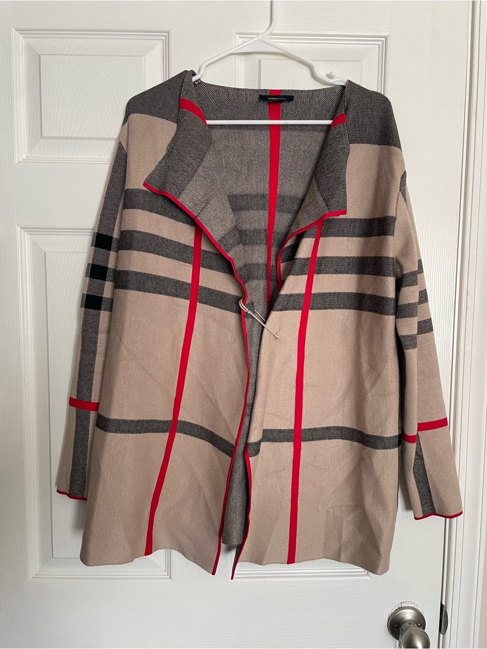 Alison Sheri Women’s size Large Plaid Open Front Coatigan with Red Trim